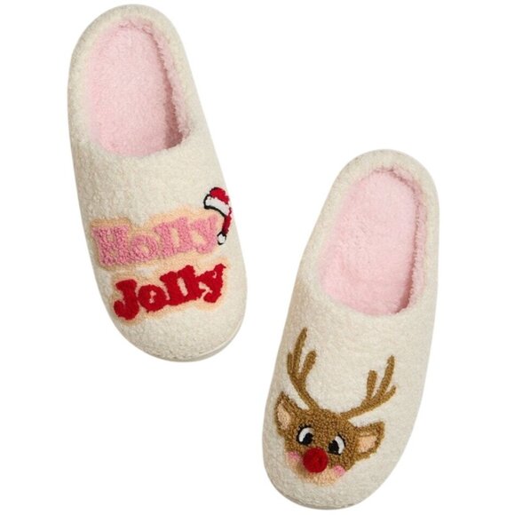 2/$30 Holly Jolly Reindeer Size 9 Fuzzy Christmas Slippers - Picture 6 of 12